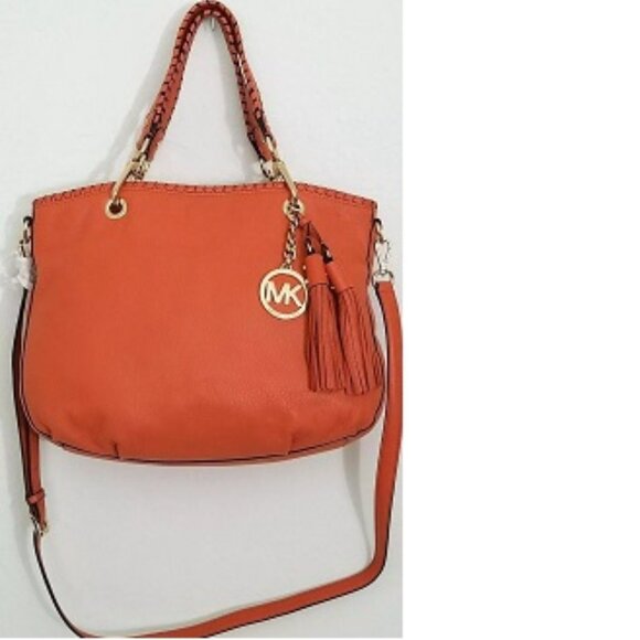 MICHAEL KORS BENNET TANGERINE ORANGE LEATHER MEDIUM CROSSBODY TOTE BAG NWT! - Picture 2 of 11